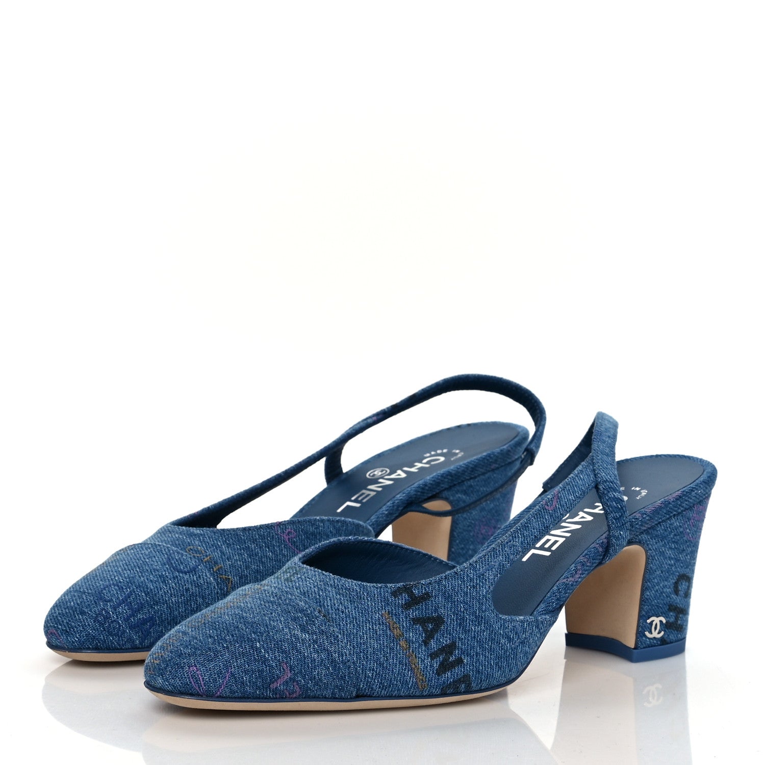 Chanel Denim Cap Toe Denim Mood Slingback Flats 38 Blue Multicolor 3 of 8
