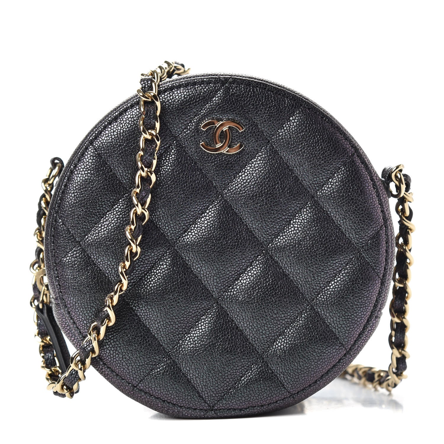 Chanel Iridescent Caviar Quilted Round Clutch With Chain Black 1 of 8