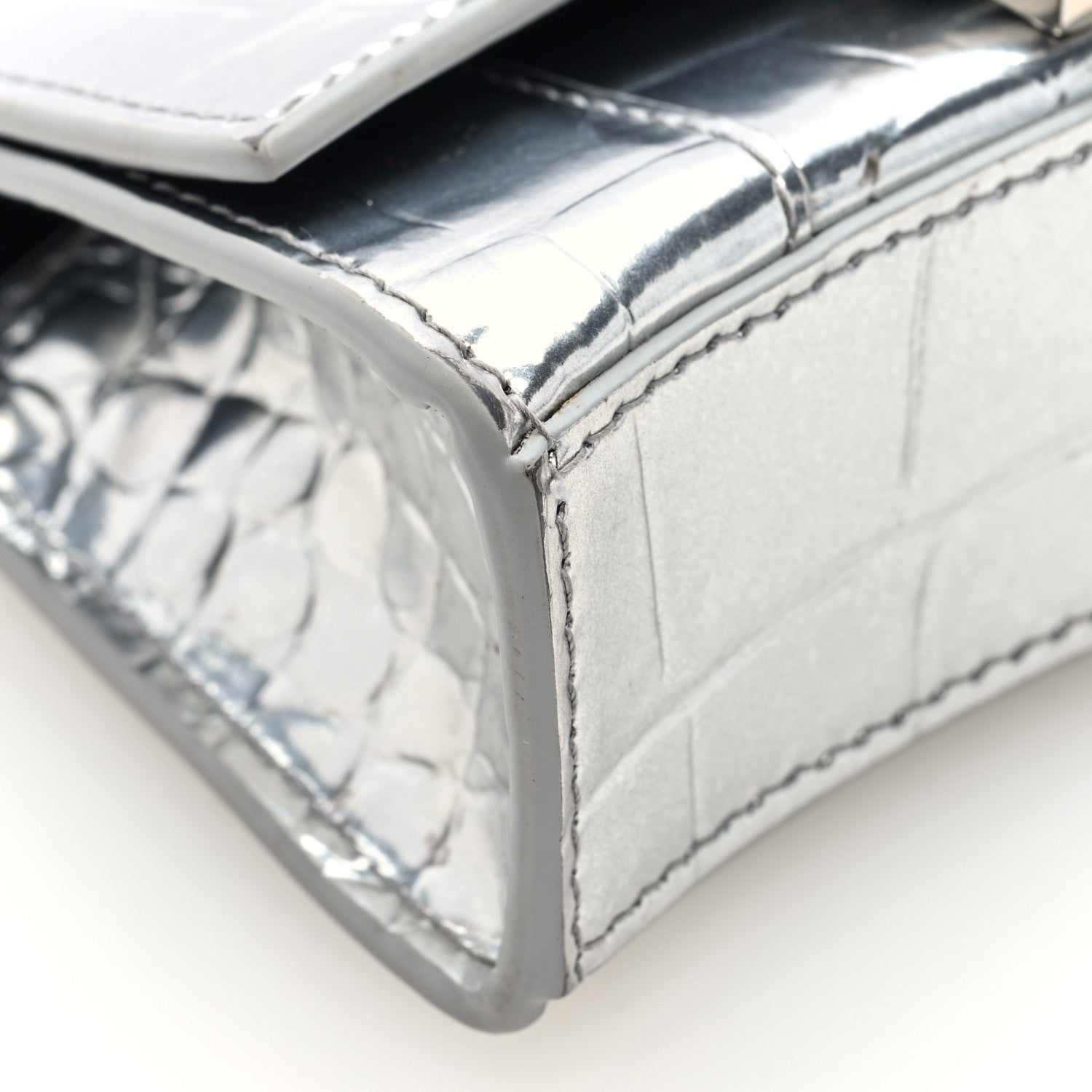 Balenciaga Metallic Calfskin Crocodile Embossed Hourglass Top Handle Bag Mini with Chain Silver 9 of 9