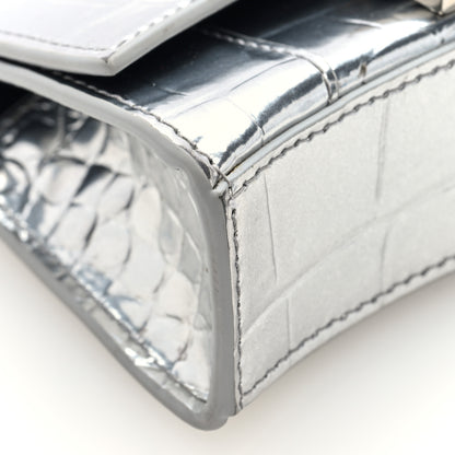 Balenciaga Metallic Calfskin Crocodile Embossed Hourglass Top Handle Bag Mini with Chain Silver 9 of 9