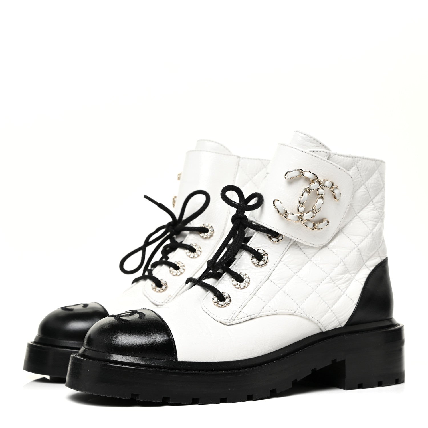Chanel Shiny Goatskin Calfskin Quilted Lace Up Combat Boots 37 White Black 3 of 12
