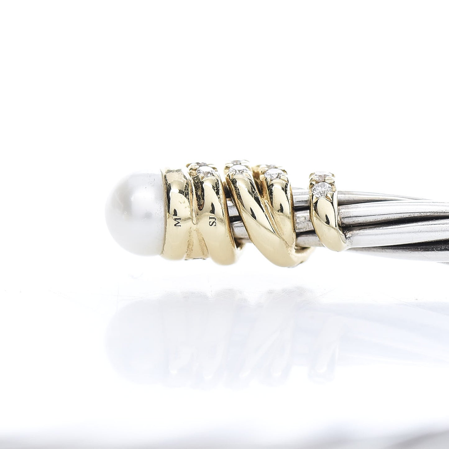 Sterling Silver 18K Yellow Gold Diamond Pearl 4mm Helena Cuff Bracelet