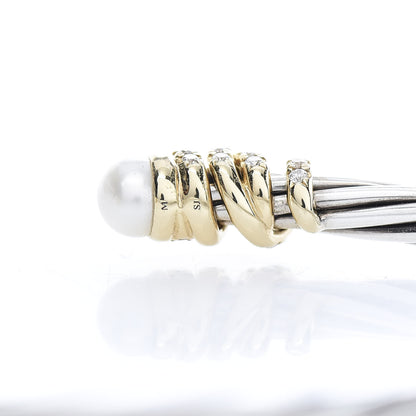 David Yurman Sterling Silver 18K Yellow Gold Diamond Pearl 4mm Helena Cuff Bracelet 4 of 5