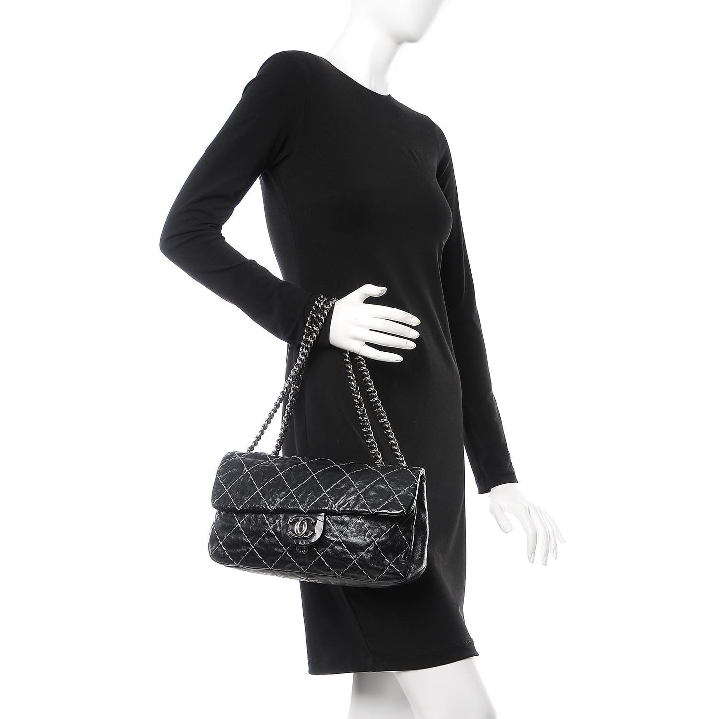 Glazed Goatskin Double Stitch Flap Black