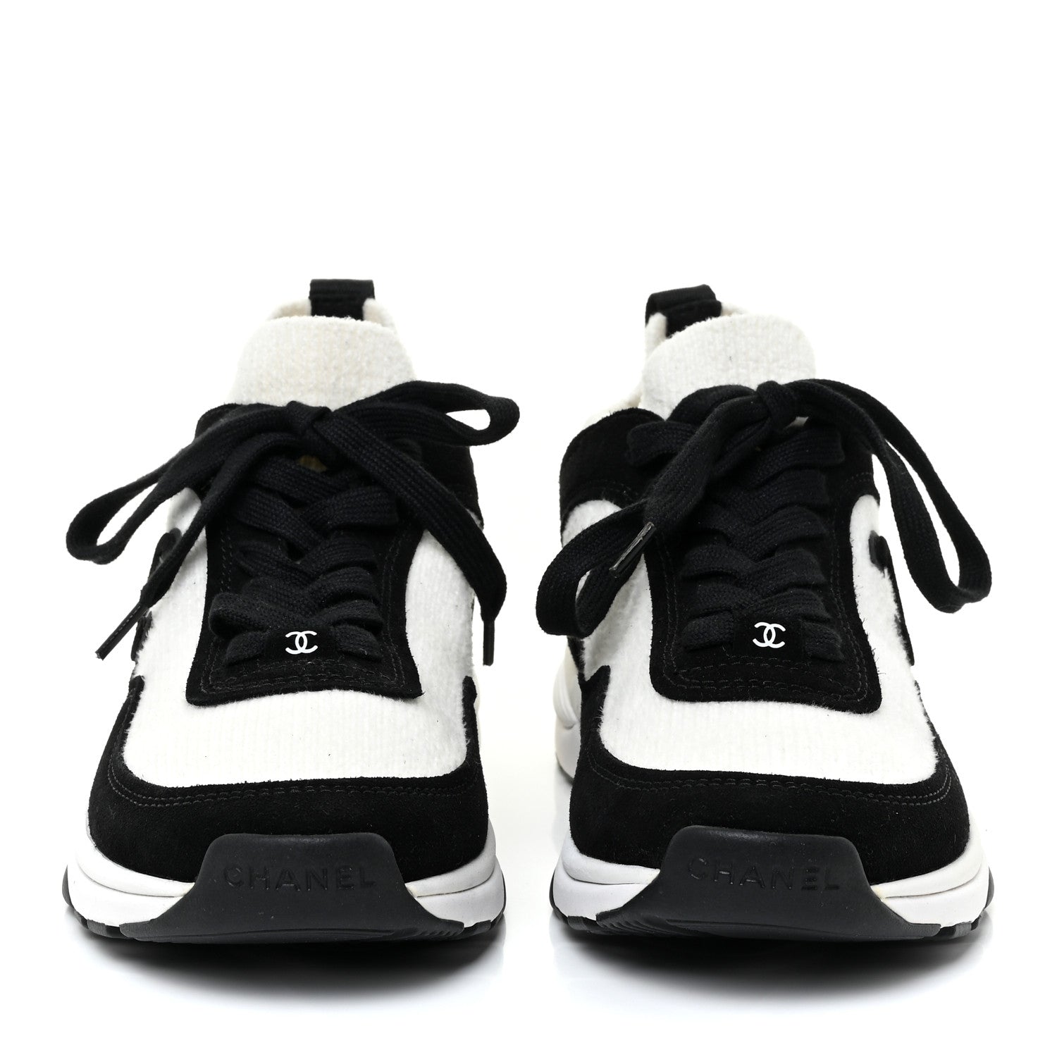 Chanel Fabric Suede Calfskin CC Sneakers 36.5 White Black 2 of 11