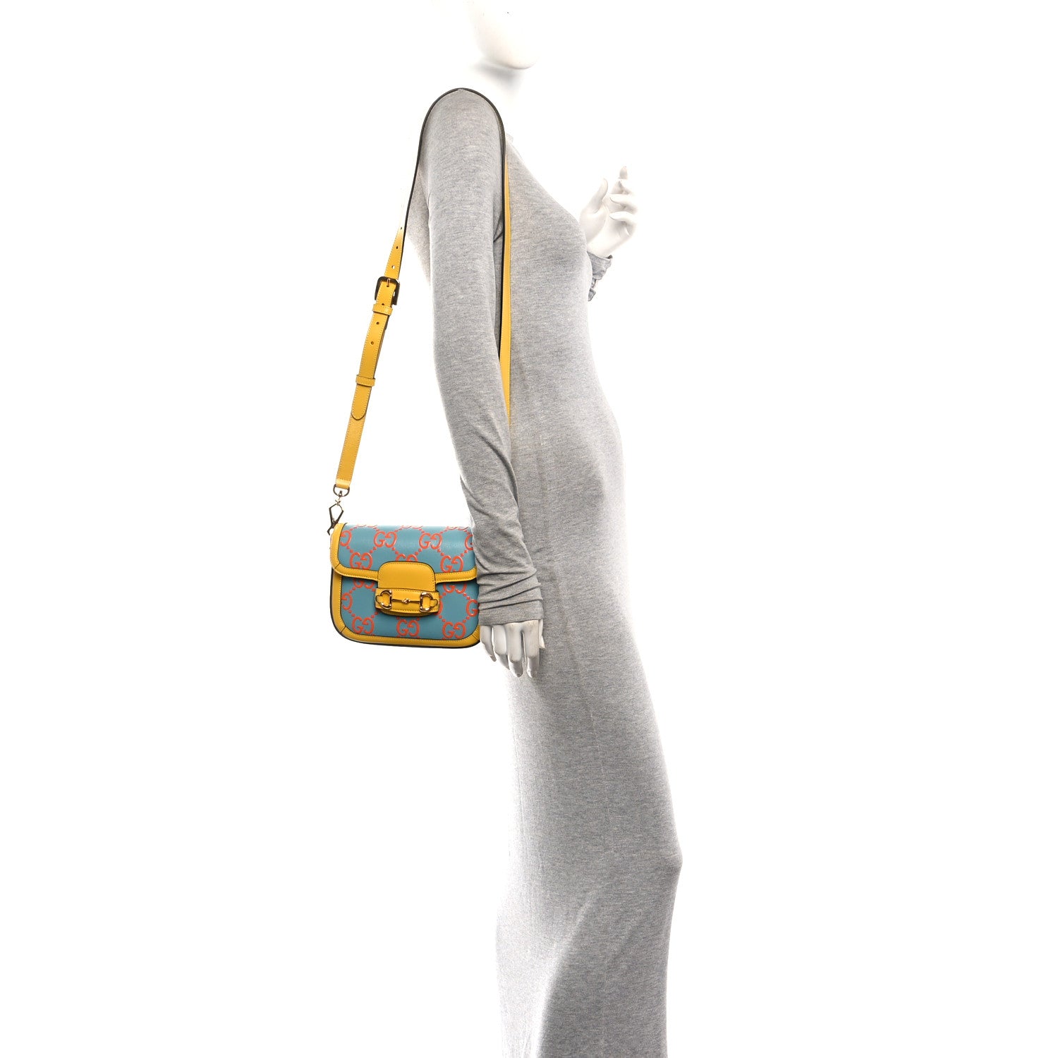 Gucci Azalea Calfskin GG Monogram Bi-Color Debossed Mini Horsebit 1955 Shoulder Bag Dusty Azure Stone Topaz Deep Orange 2 of 10