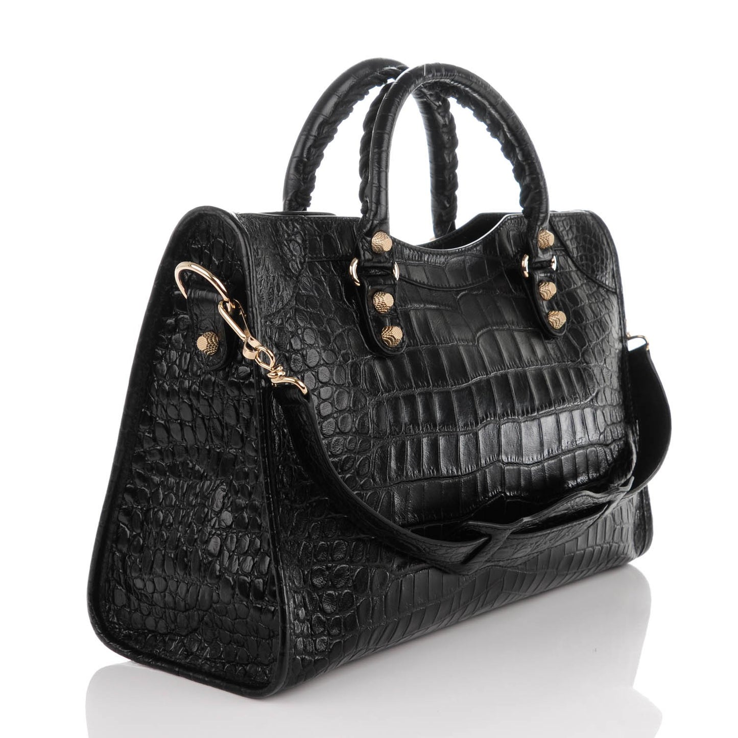 Calfskin Crocodile Embossed Giant 12 Gold Hardware City Black