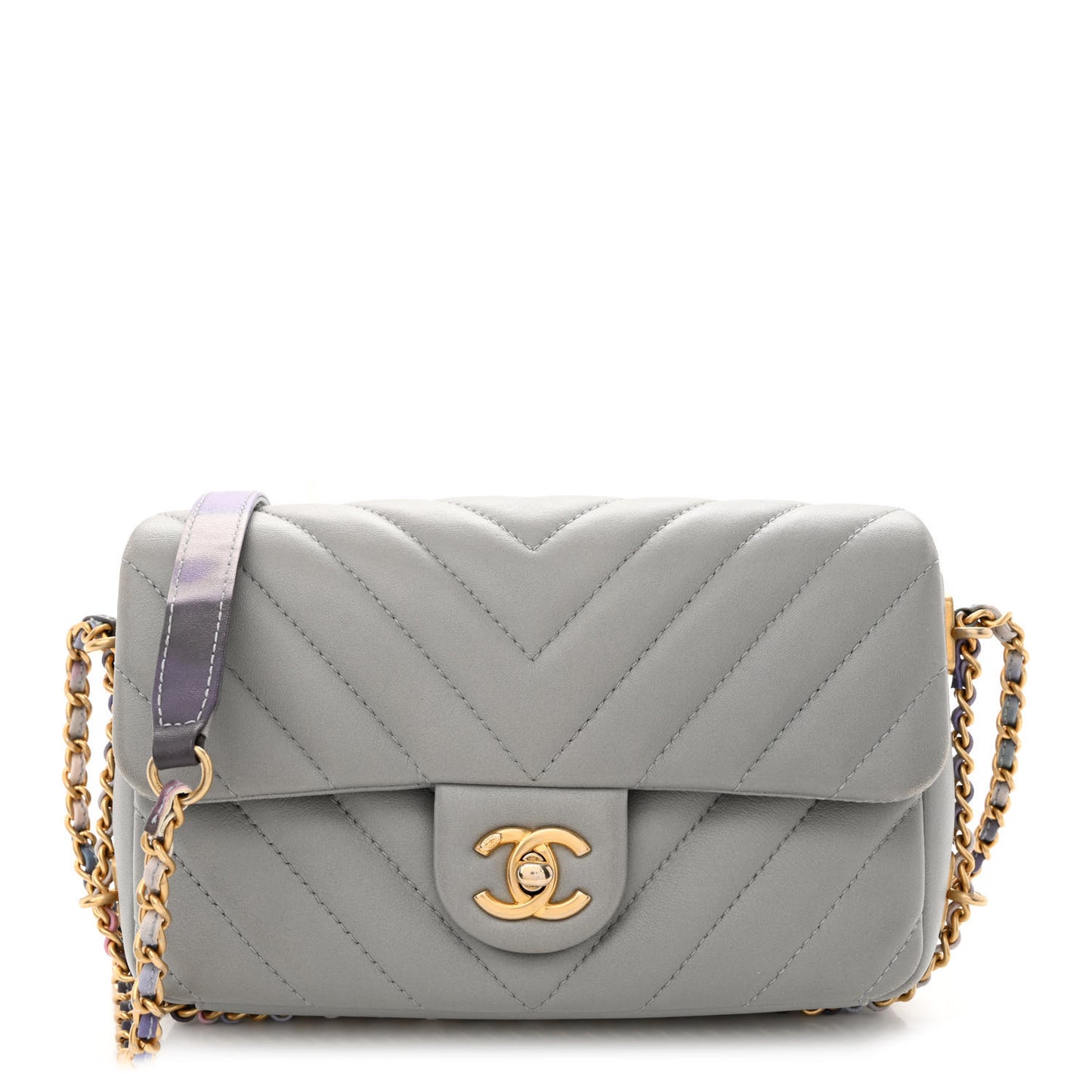 Lambskin Chevron Quilted Chain Around Mini Rectangular Flap Grey
