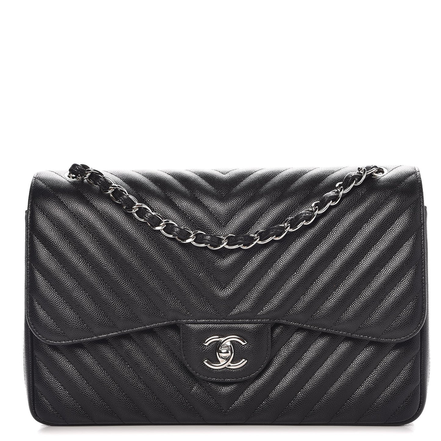 Metallic Caviar Chevron Quilted Jumbo Double Flap Black