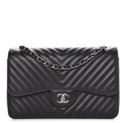 Chanel Metallic Caviar Chevron Quilted Jumbo Double Flap Black 1 of 9