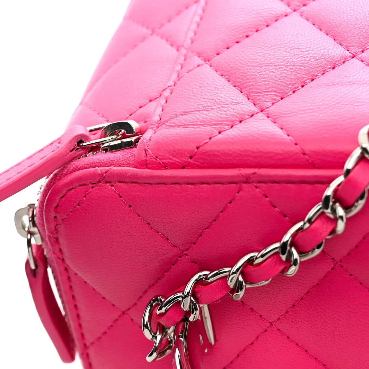 Lambskin Quilted Metal Enamel Small Top Handle Vanity Case With Chain Pink