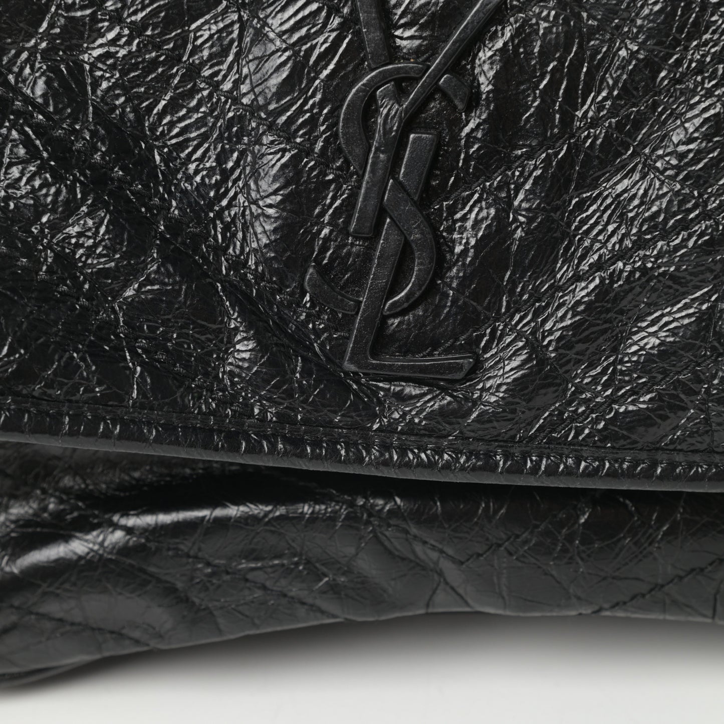 Crinkled Calfskin Matelasse Monogram Large Niki Chain Satchel Black