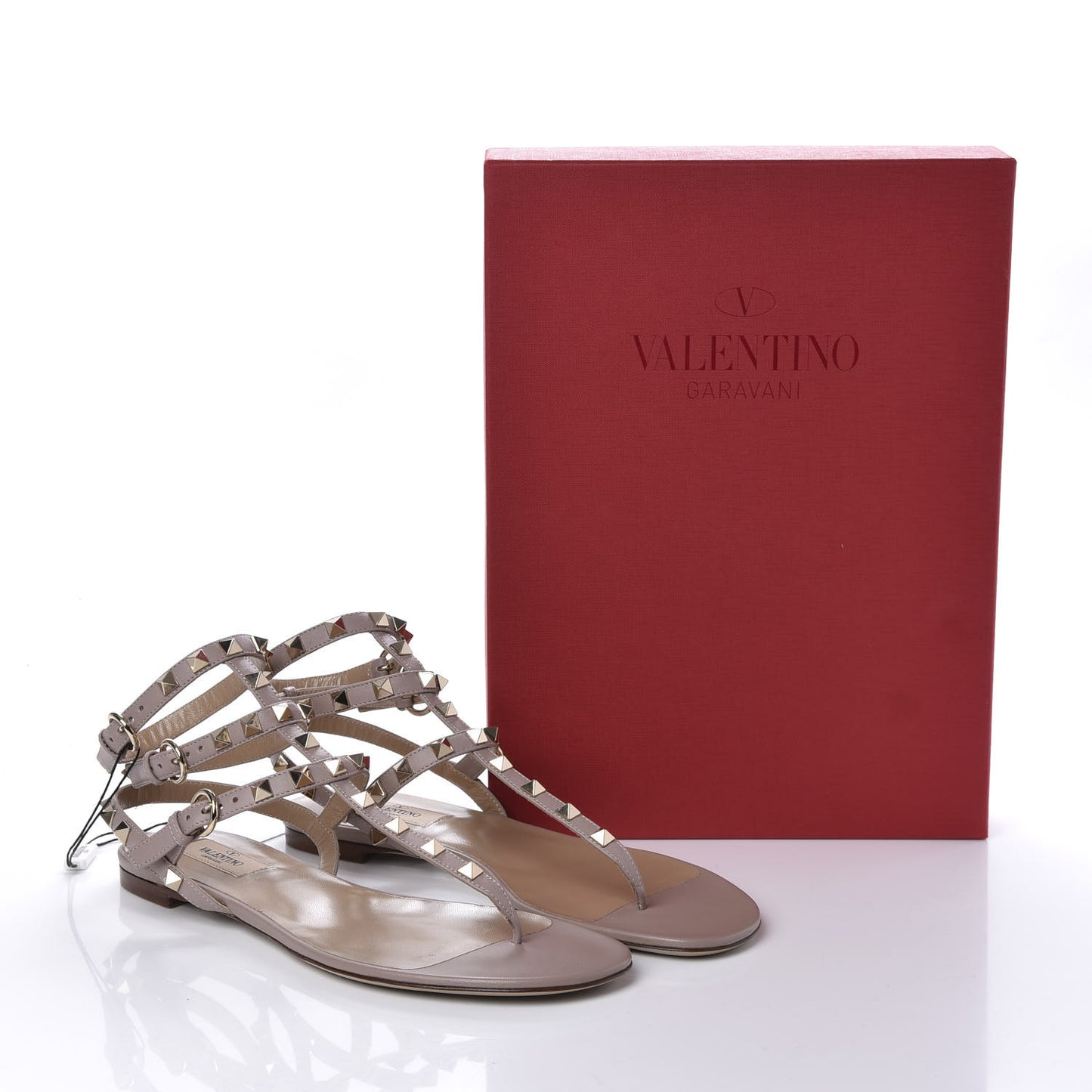 Calfskin Rockstud Ankle Wrap Flat Thong Sandals 39.5 Poudre