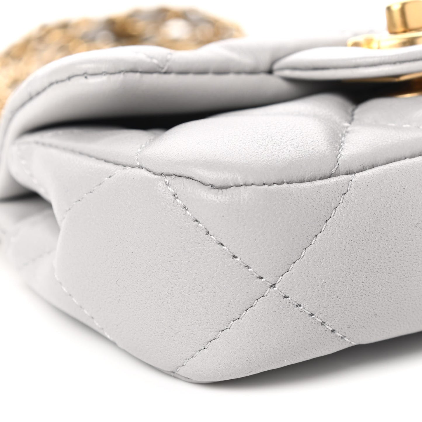 Calfskin Quilted Lady Handle Flap Card Holder With Chain Grey