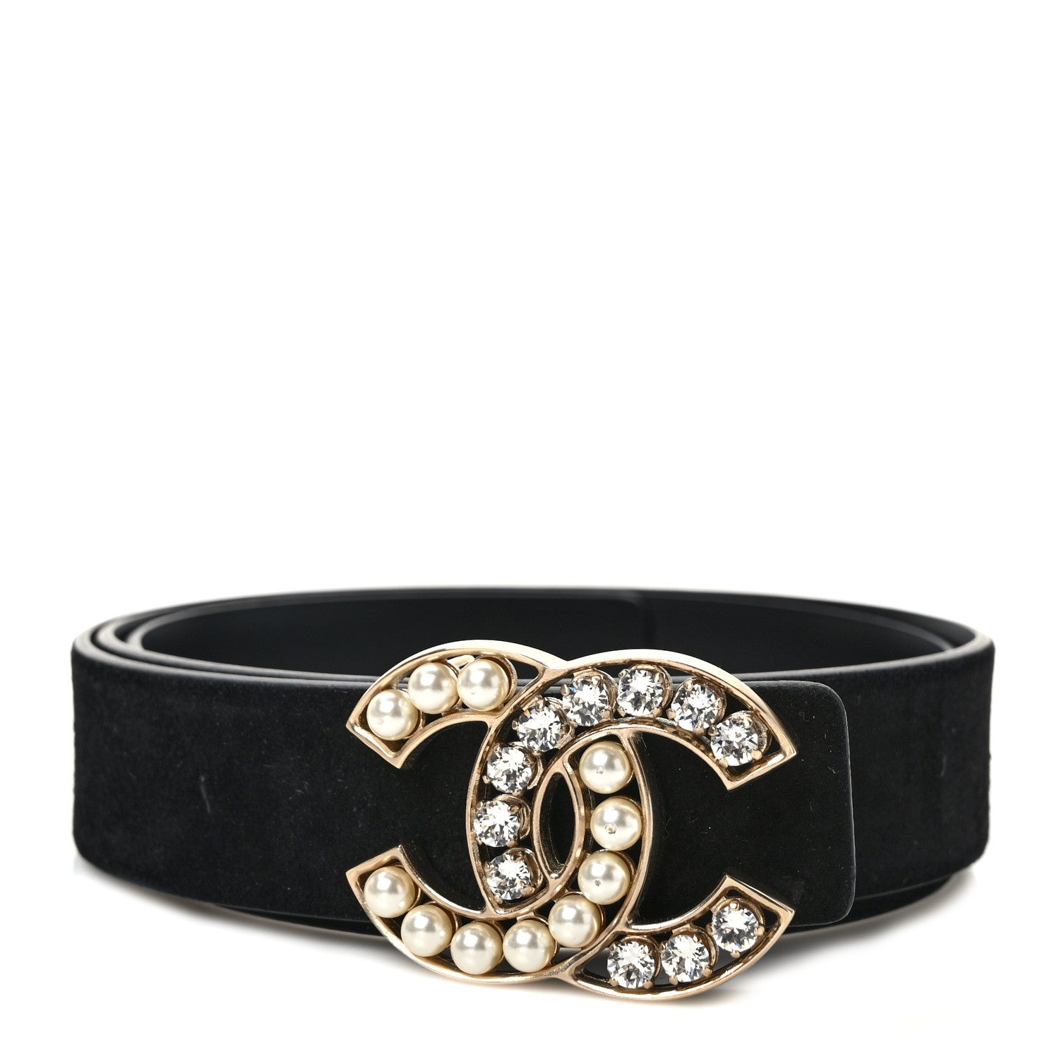Chanel Suede Pearl Crystal CC Belt 85 34 Black 1 of 5