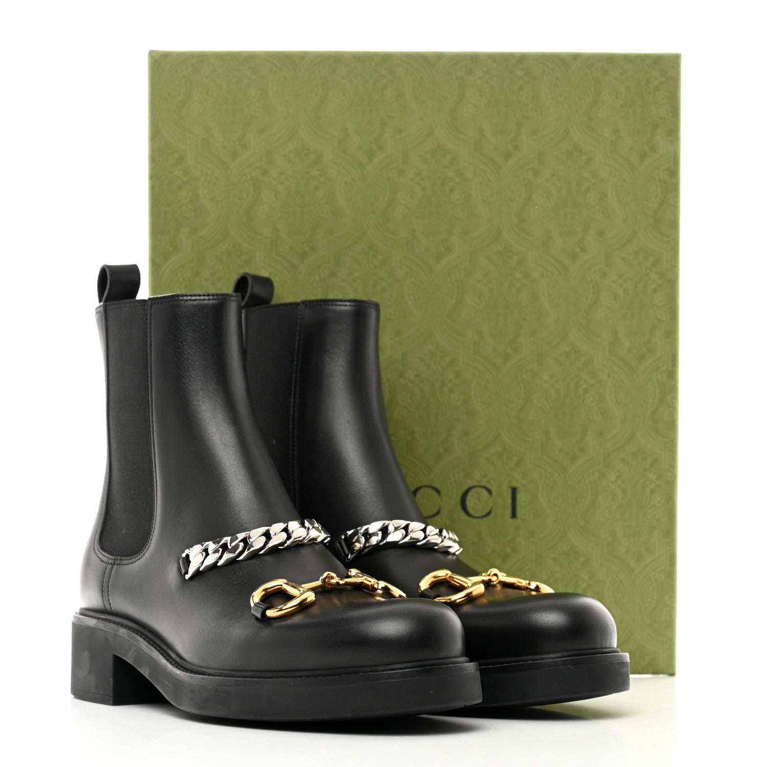 Gucci Flores Calfskin Horsebit Chain Ankle Boots 41 Black 9 of 9