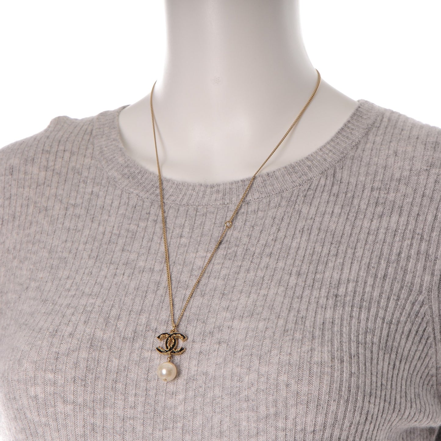 Enamel CC Baroque Pearl Drop Necklace Black Gold
