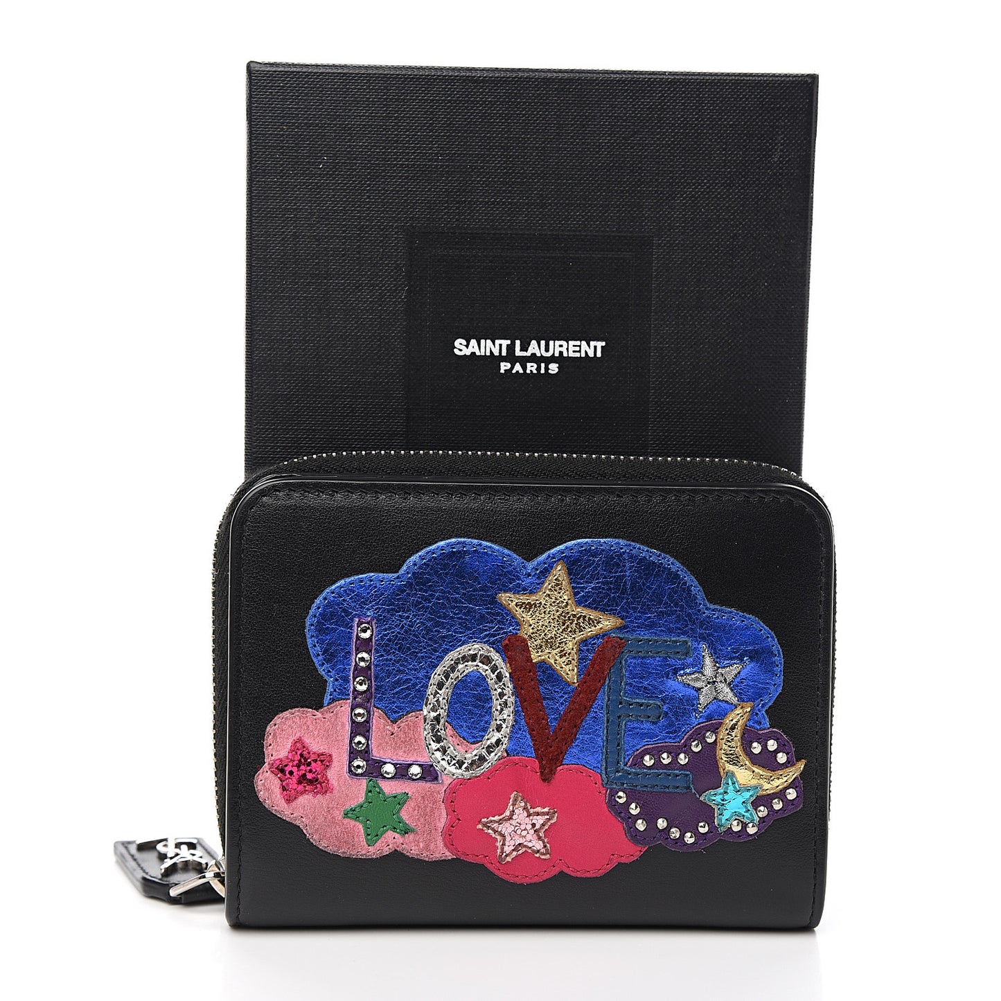 Calfskin Love Patchwork Compact Zip Around Wallet Black