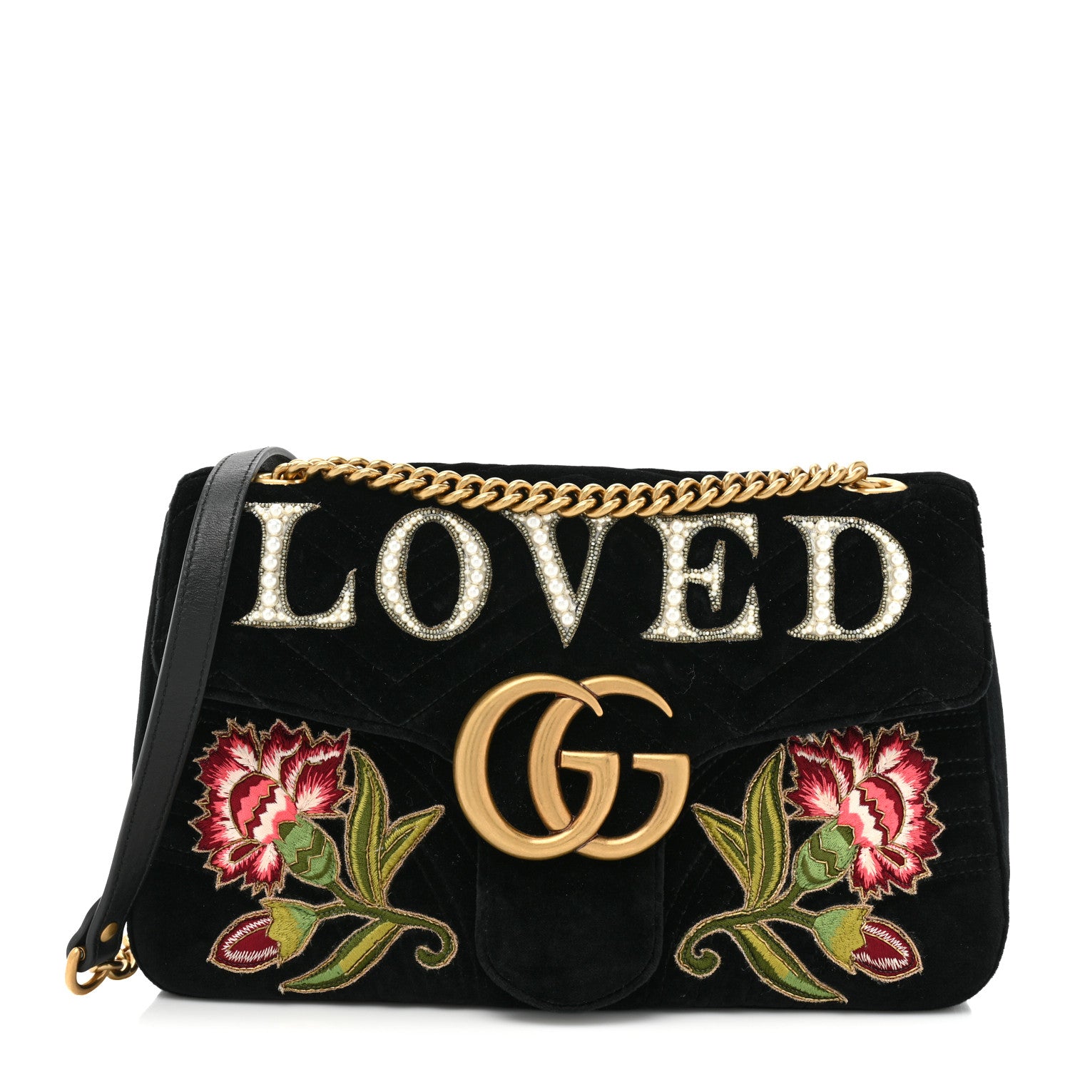 Gucci Velvet Matelasse Loved Embroidered Medium GG Marmont Shoulder Bag Black 1 of 9