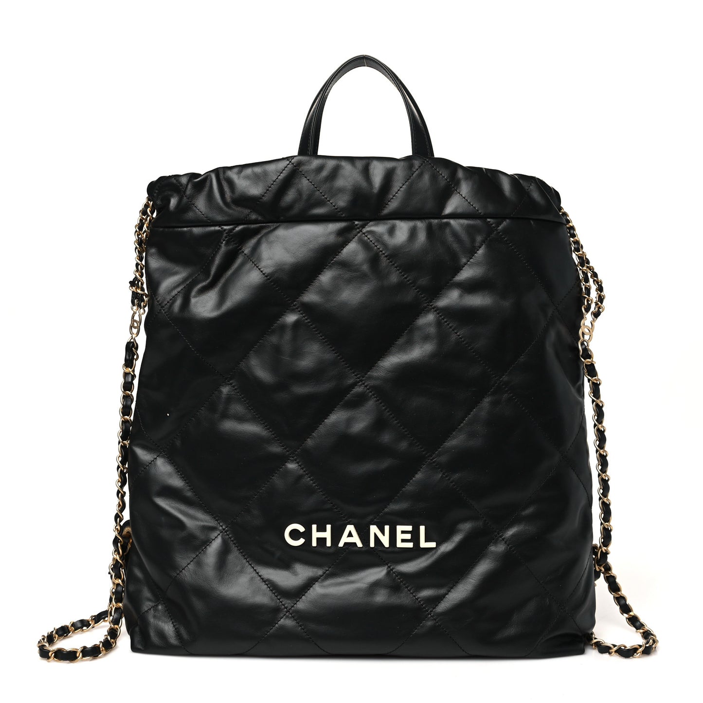Shiny Calfskin Quilted Chanel 22 Backpack Black
