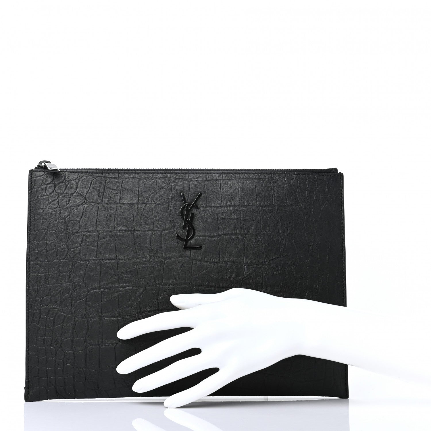 Saint Laurent Calfskin Crocodile Embossed Monogram iPad Case Black 2 of 7
