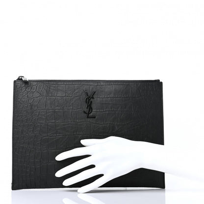 Saint Laurent Calfskin Crocodile Embossed Monogram iPad Case Black 2 of 7