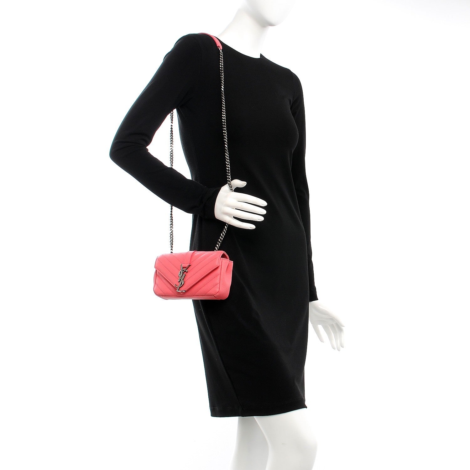 Saint Laurent Grained Calfskin Matelasse Chevron Classic Monogram Baby Chain Bag Coral Pink 2 of 6