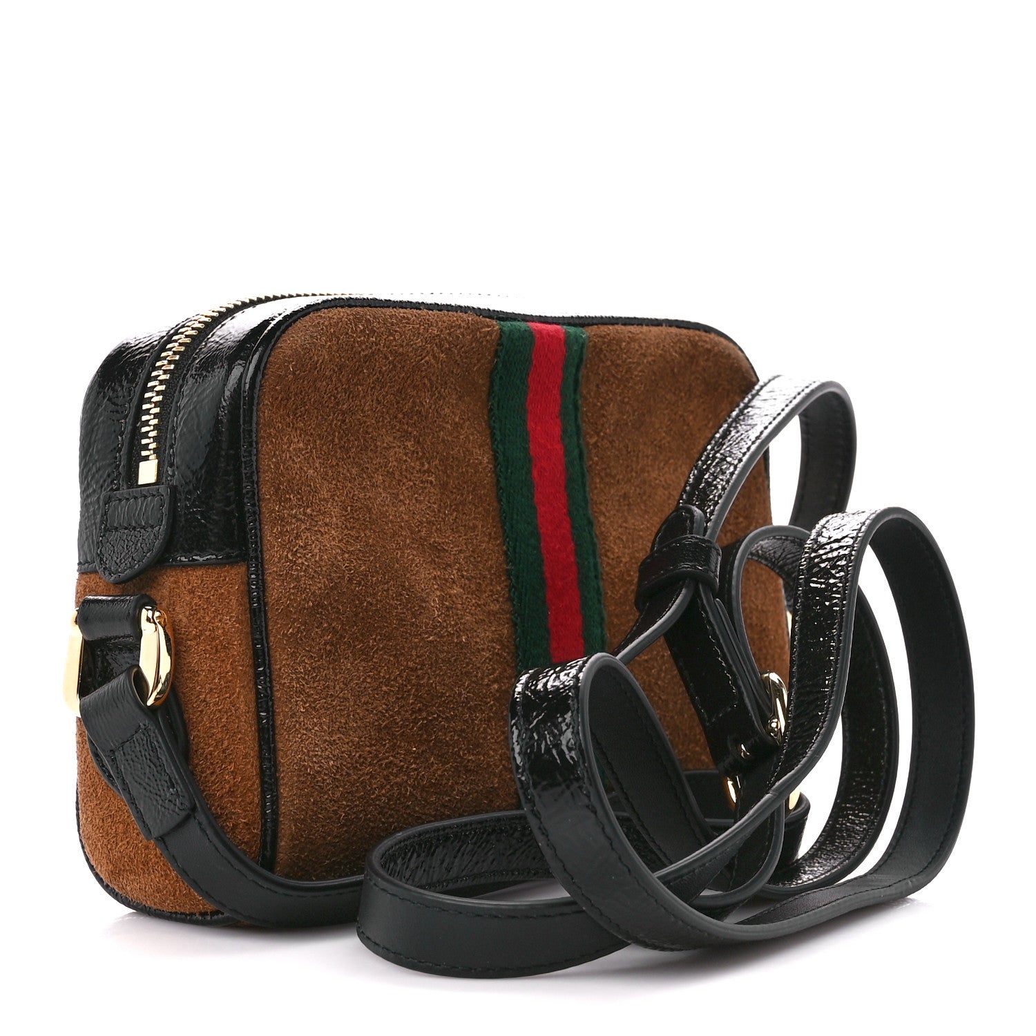 Gucci Suede Patent Web Mini Ophidia Shoulder Bag Nocciola Black 3 of 10