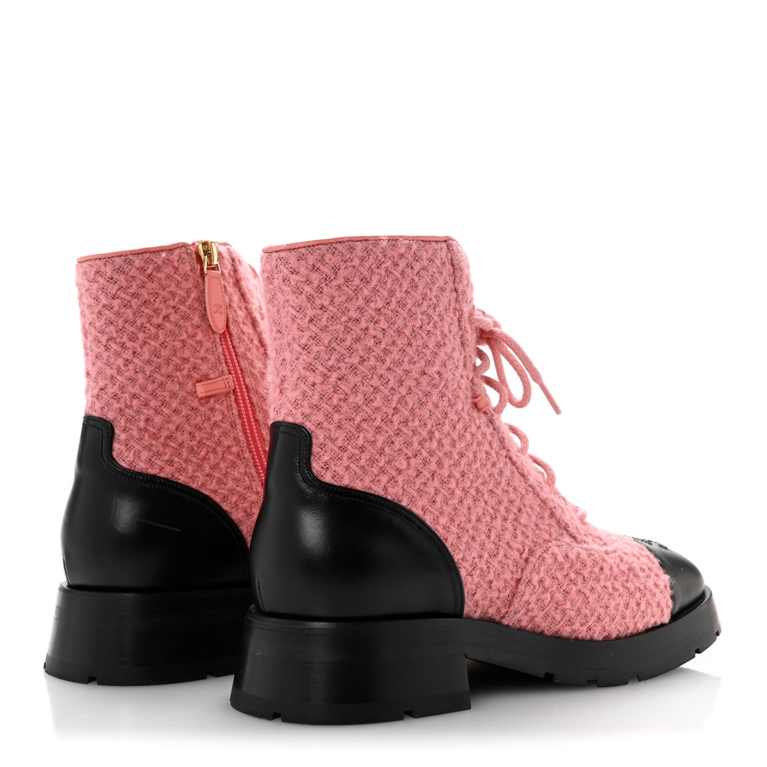 Chanel Wool Tweed Calfskin Chain Lace Up Combat Boots 38.5 Pink Black 5 of 11