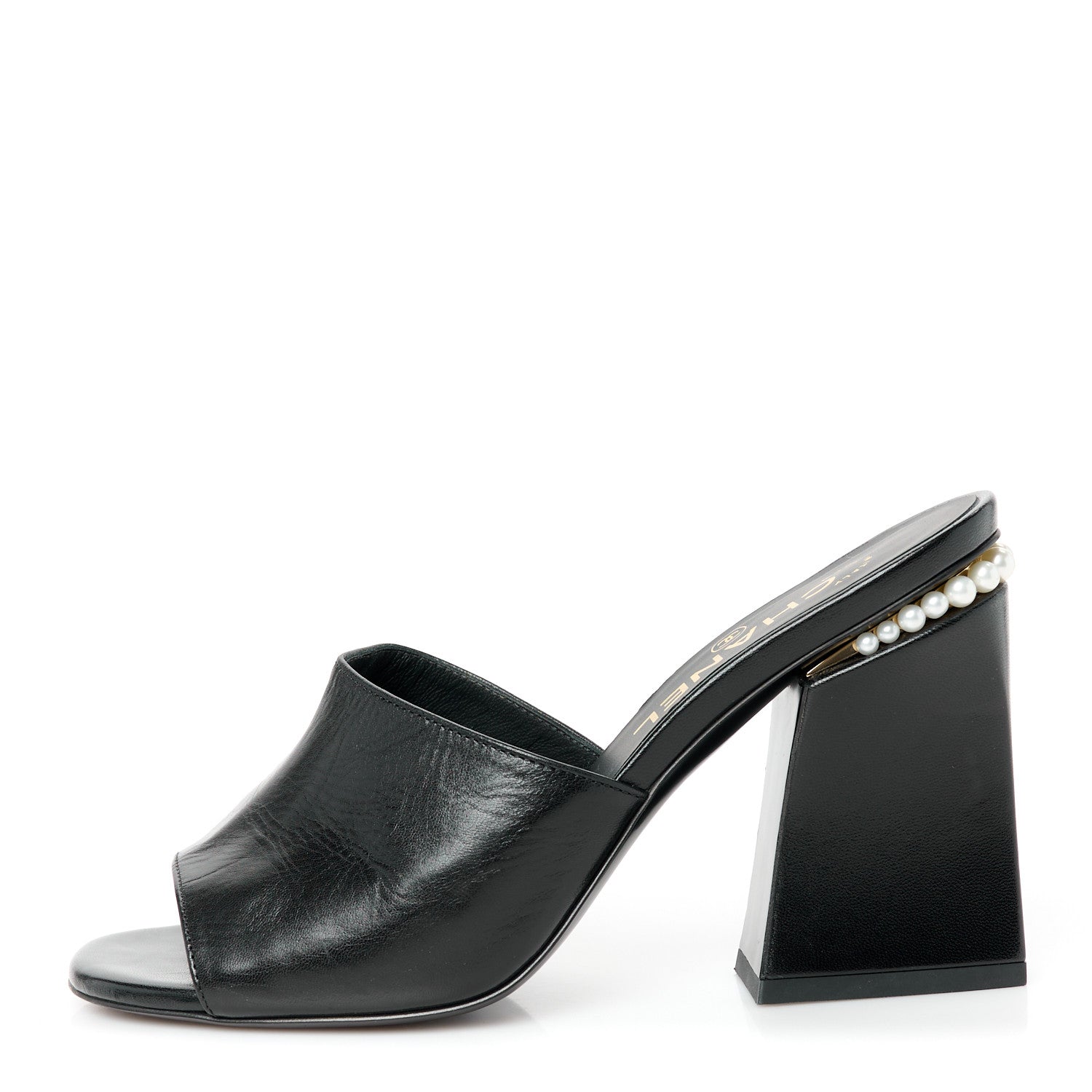 Chanel Shiny Goatskin Pearl Mule Sandals 38 Black 1 of 10