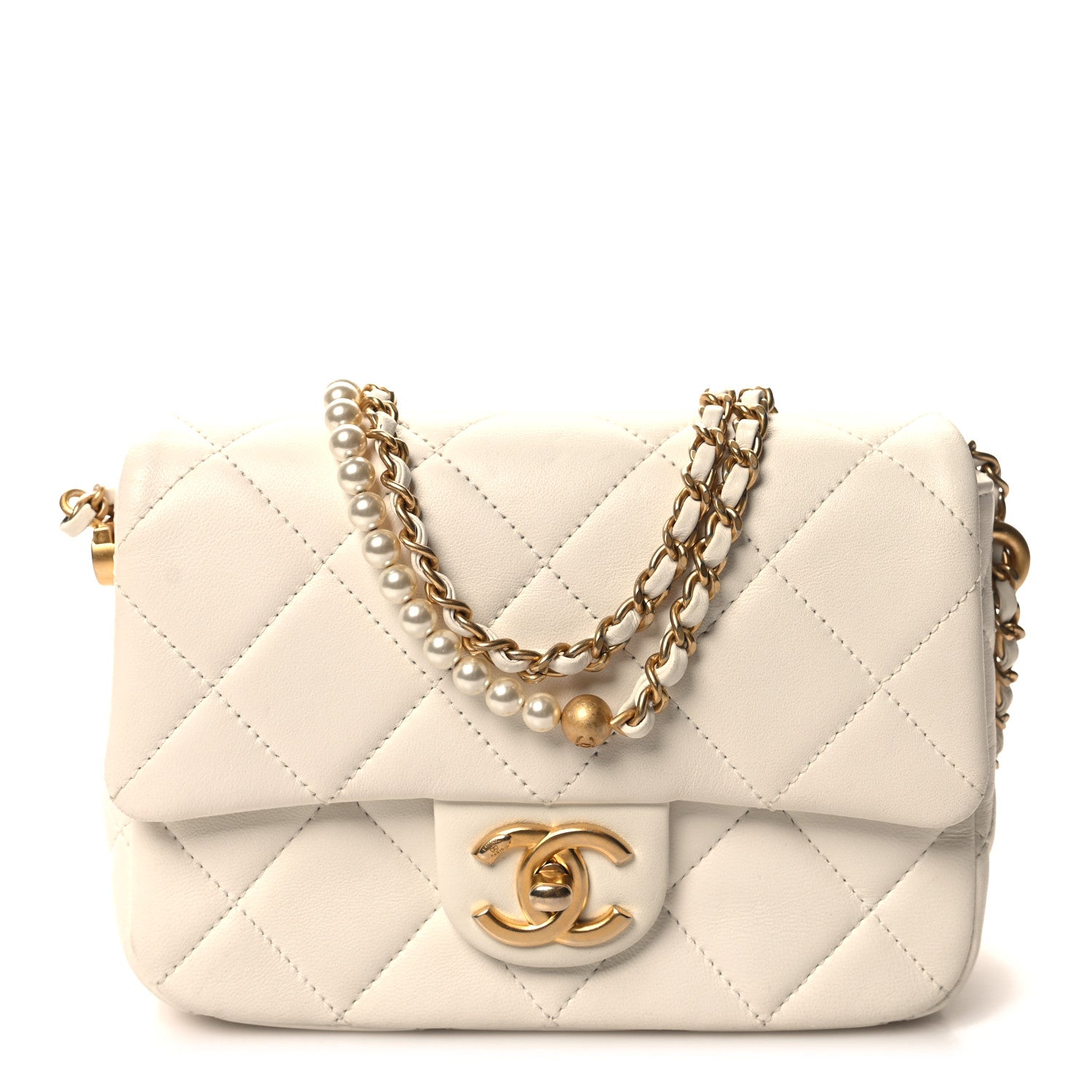 Chanel Shiny Lambskin Quilted Pearl Twist Mini Square Flap White 1 of 11