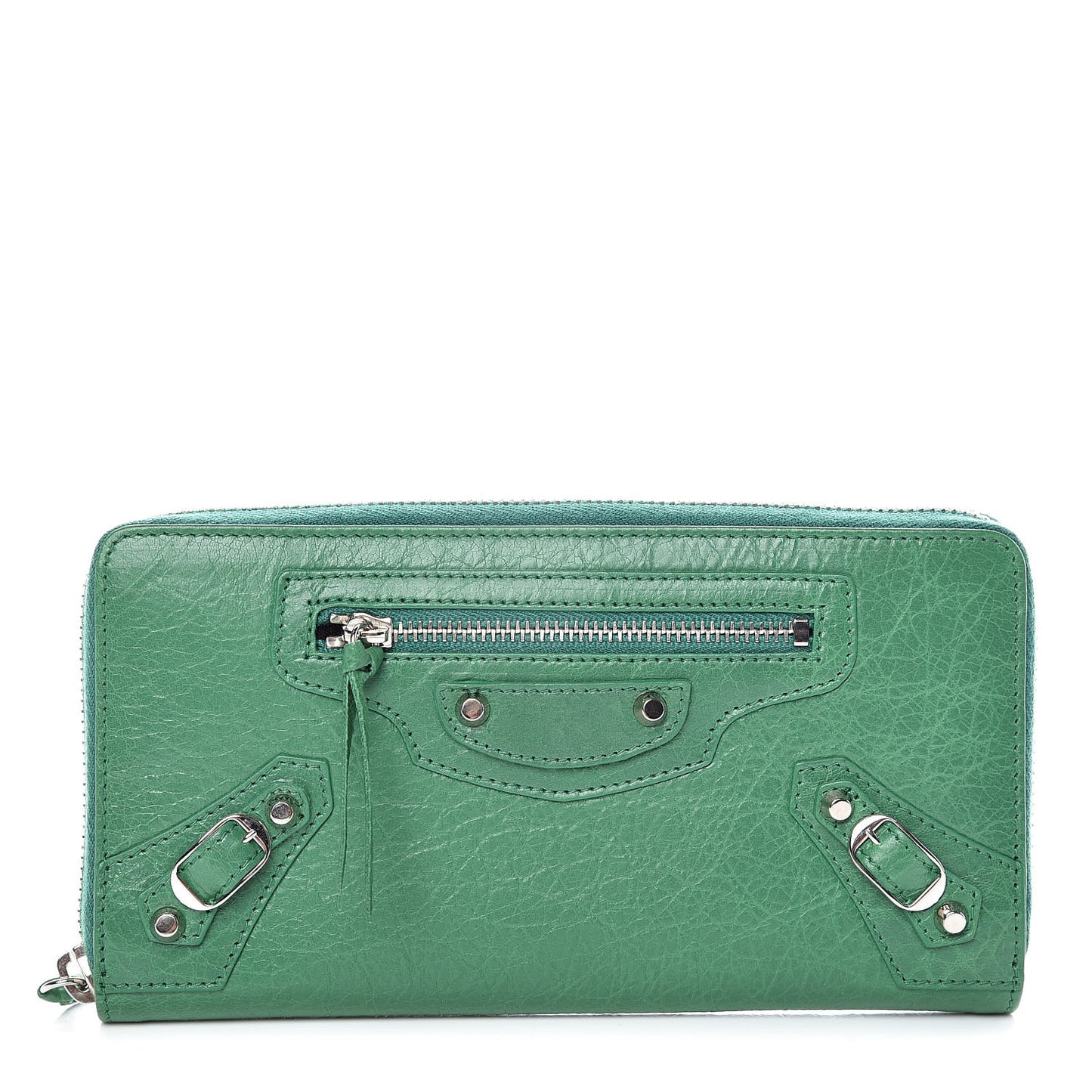 Agneau Classic Silver Hardware Continental Zip Around Wallet Emeraud