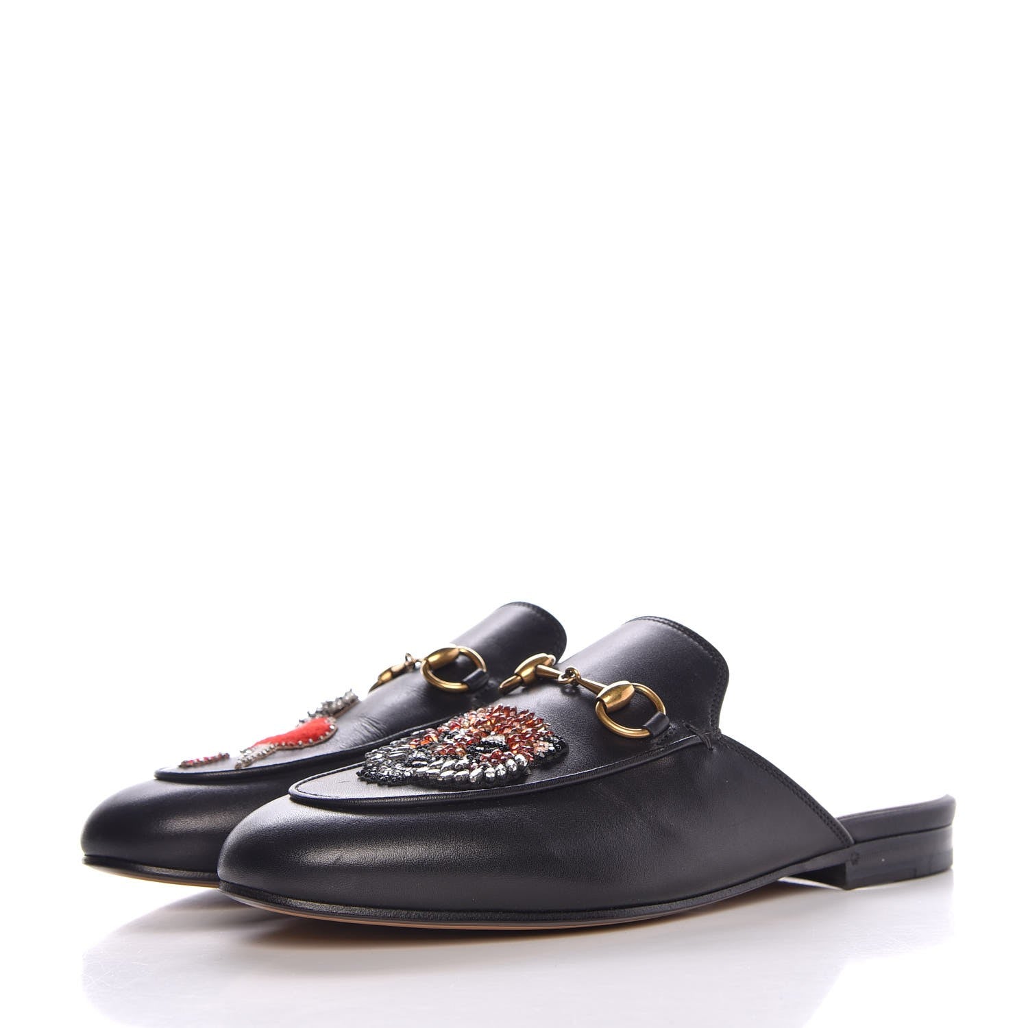 Gucci Calfskin Crystal Tiger Embroidered Womens Princetown Slippers 36 Black 3 of 9