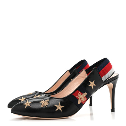 Gucci Malaga Kid Web Bee Star Embroidered Sylvie High Heel Slingback Pumps 39 Black 3 of 9