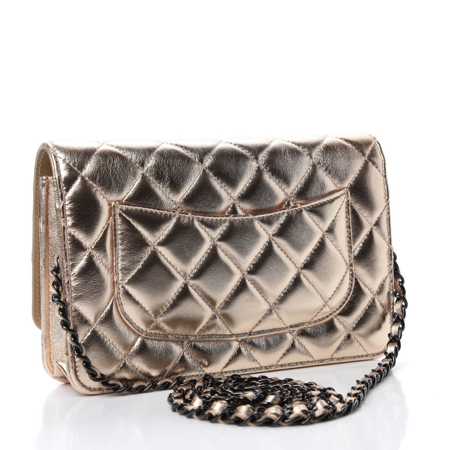 Chanel Metallic Lambskin Quilted Wallet On Chain WOC Gold Black 3 of 12