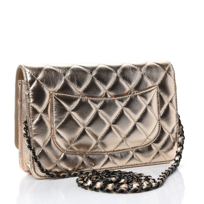 Chanel Metallic Lambskin Quilted Wallet On Chain WOC Gold Black 3 of 12
