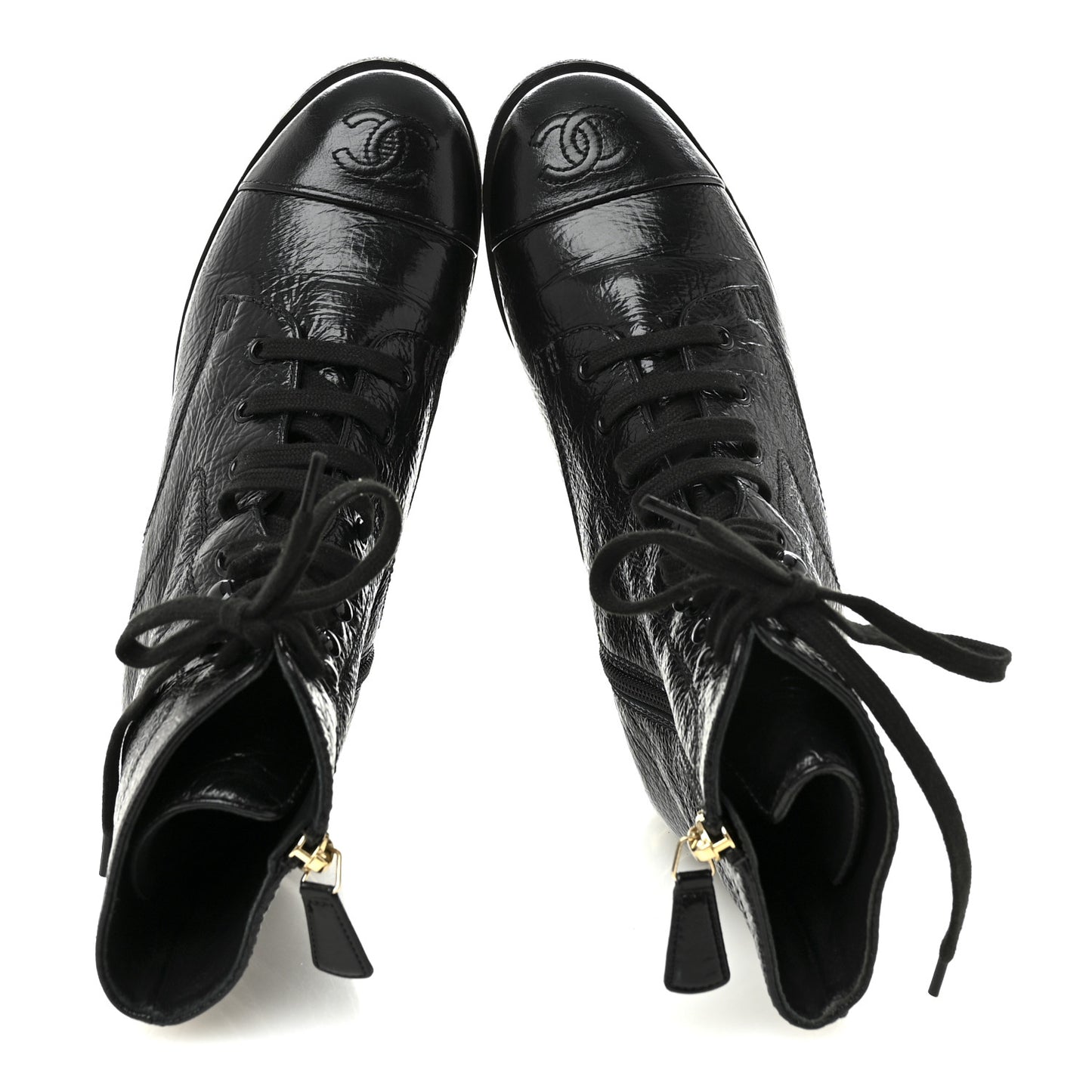 Shiny Crumpled Lambskin Lace Up Combat Boots 37 Black