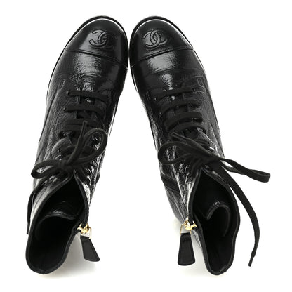 Chanel Shiny Crumpled Lambskin Lace Up Combat Boots 37 Black 2 of 9