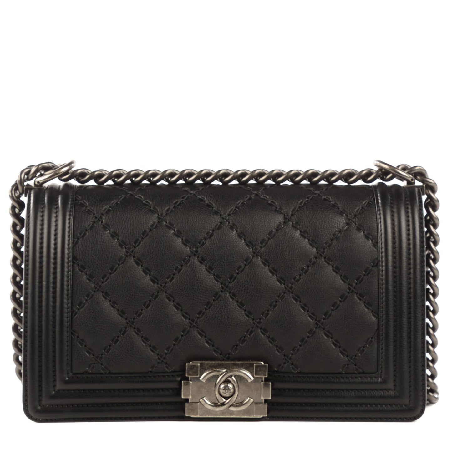Calfskin Double Stitch Medium Boy Flap Black
