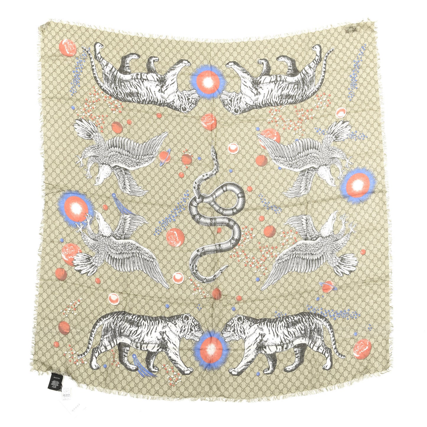 Silk Monogram Space Animals Scarf Beige