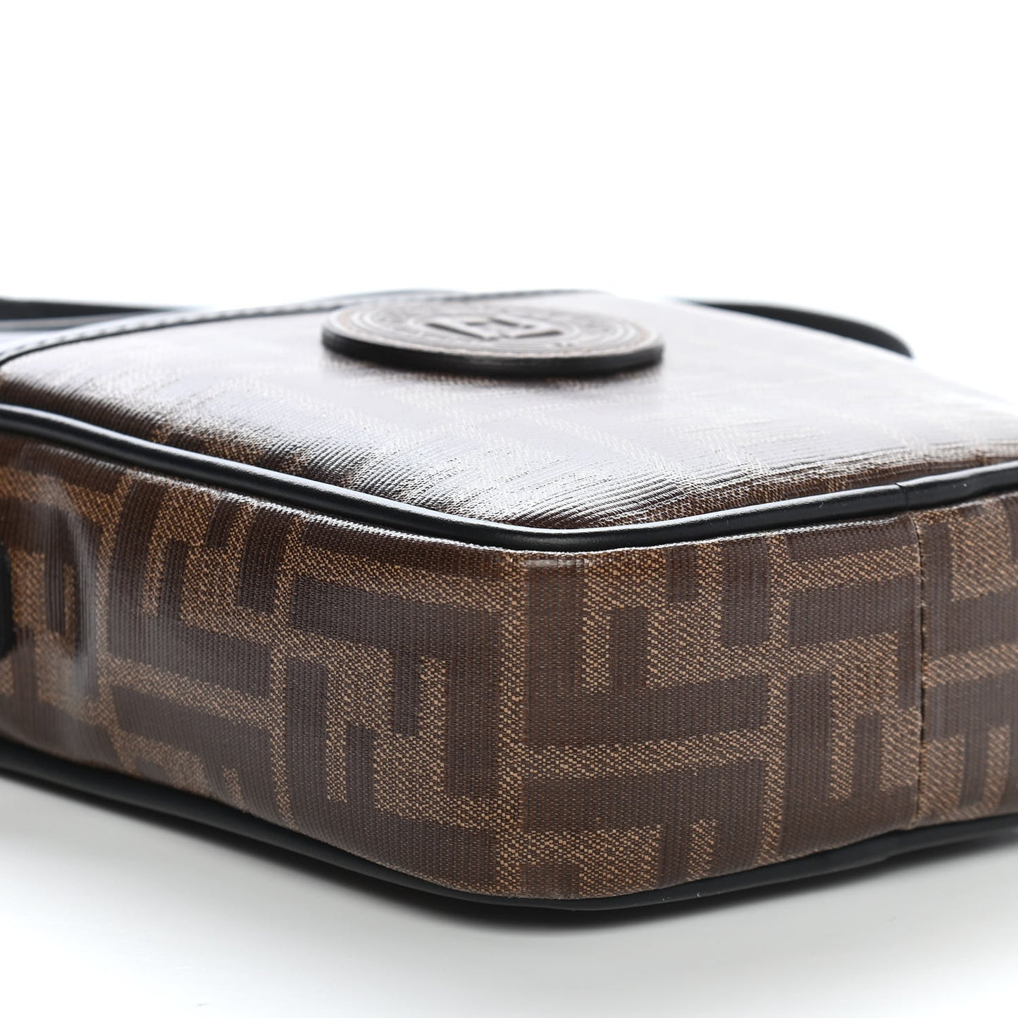 Glazed Fabric Vitello Century FF 1974 Stamp Patch Small Crossbody Messenger Mogano Panna Black