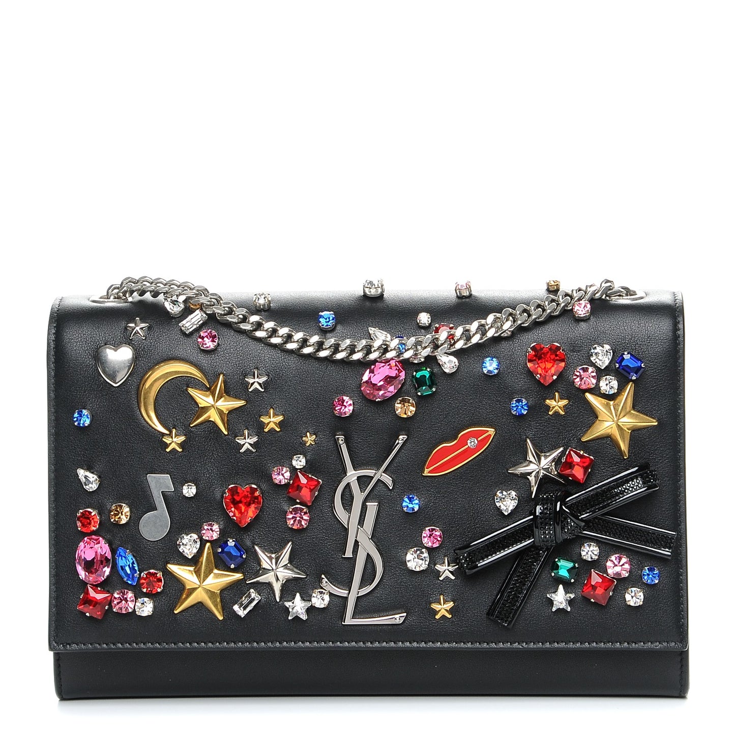Calfskin Embellished Medium Monogram Kate Satchel Black