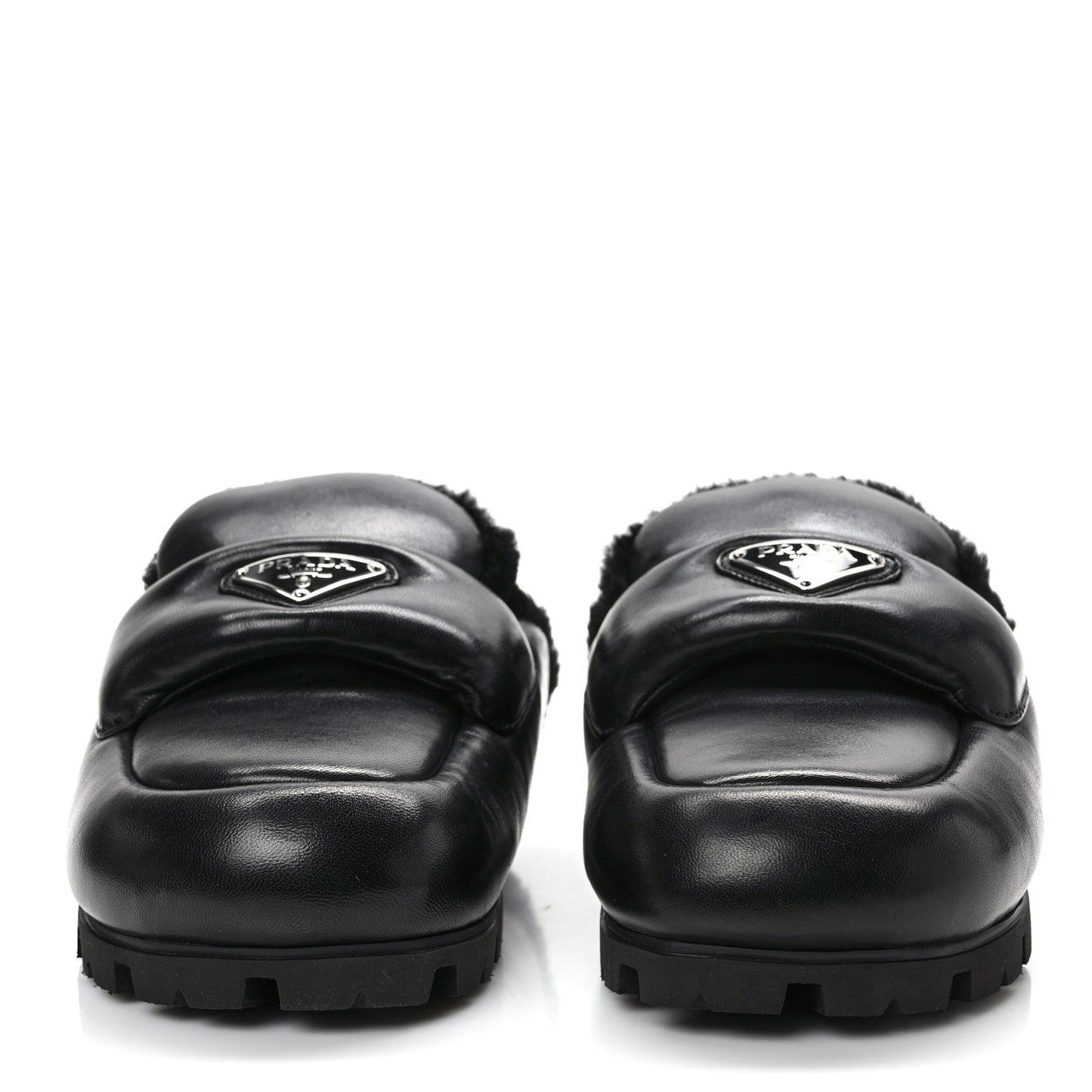 Nappa Shearling Soft Padded Metal Triangle Logo Lug Sole 20mm Mules 37 Black
