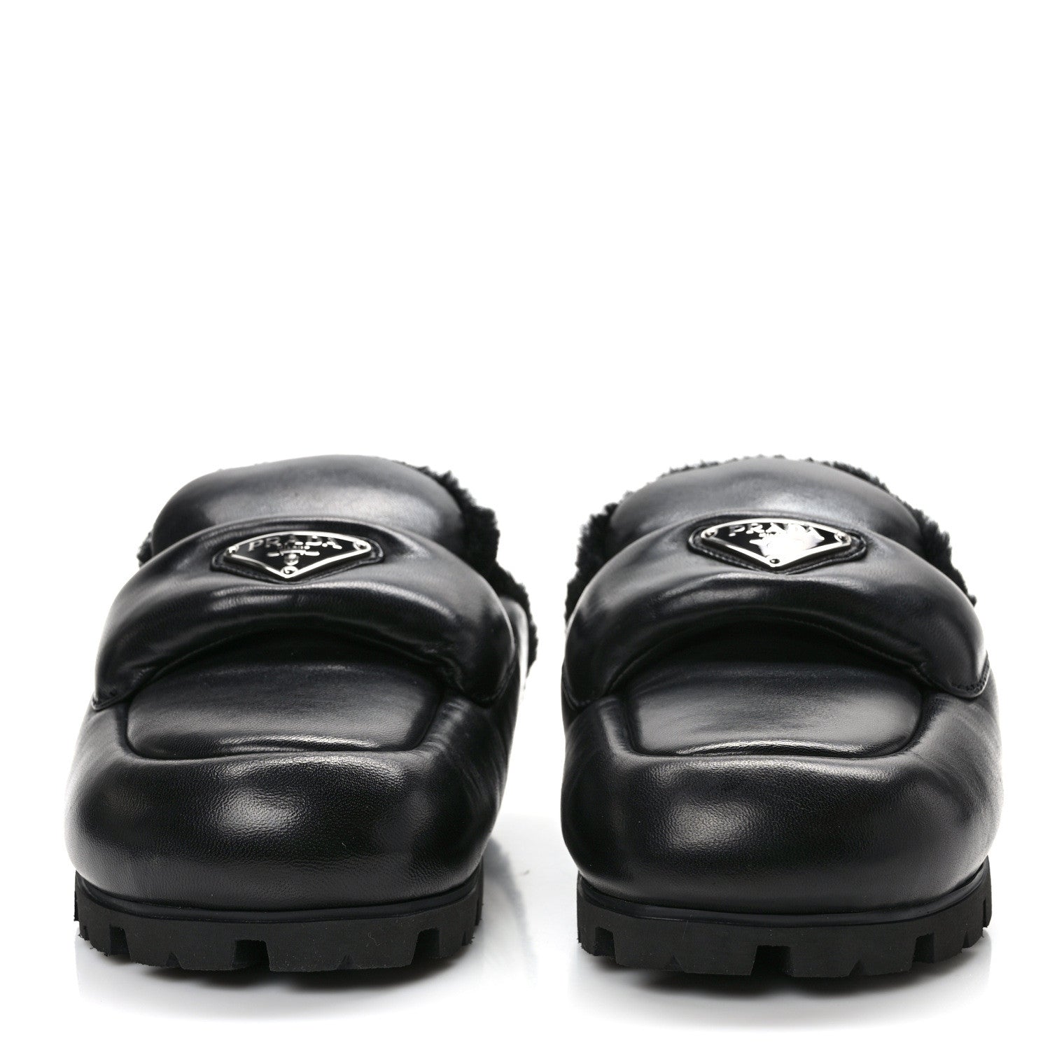 Prada Nappa Shearling Soft Padded Metal Triangle Logo Lug Sole 20mm Mules 37 Black 2 of 7