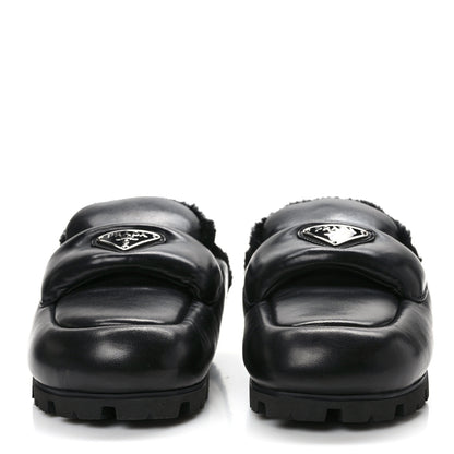 Prada Nappa Shearling Soft Padded Metal Triangle Logo Lug Sole 20mm Mules 37 Black 2 of 7