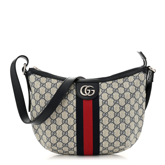 GG Supreme Monogram Textured Dollar Calfskin Web Small Ophidia Half Moon Hobo Beige Blue