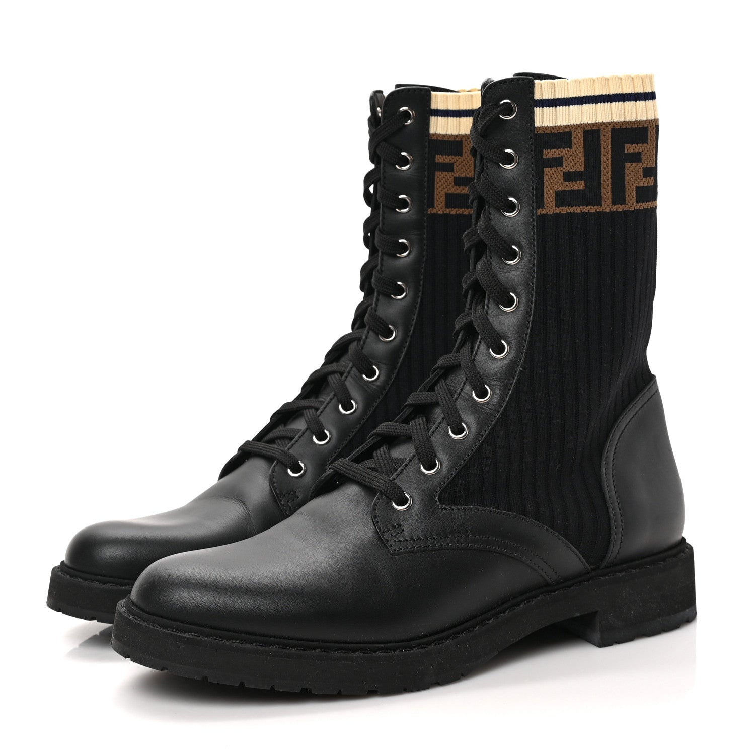 Fendi Calfskin Stretch Fabric Rockoko Biker Boots 41 Tobacco Black Marino 3 of 7