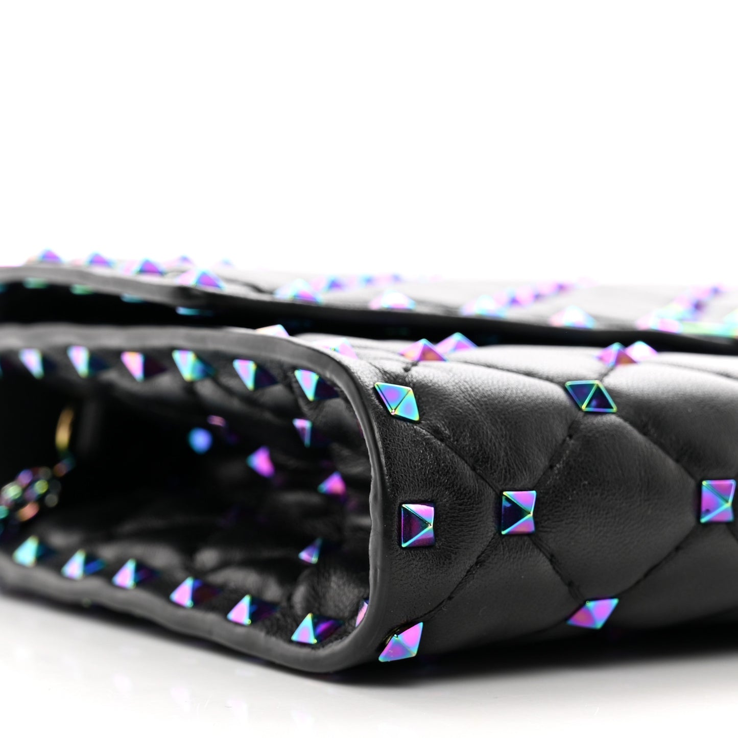 Lambskin Oil Slick Rockstud Spike Wallet on Chain Black