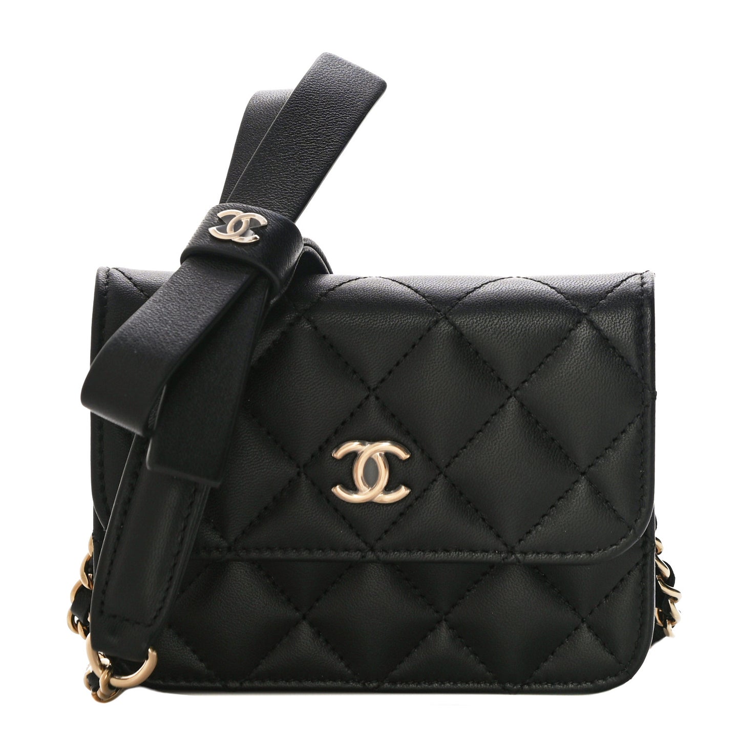 Lambskin Quilted Coco Bow Clutch With Chain Black