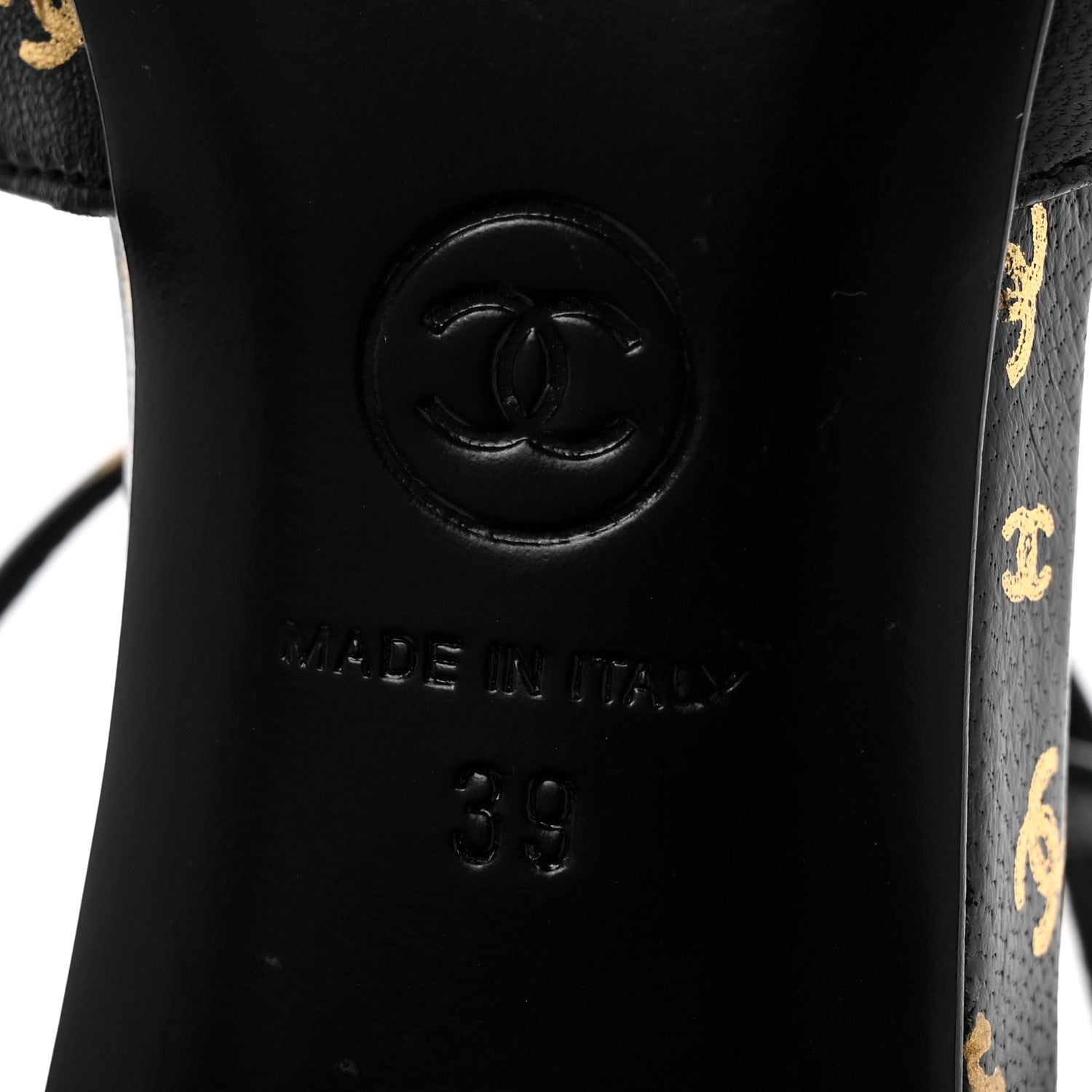 Chanel Printed Lambskin Patent Calfskin CC Slingbacks 39 Black Gold 7 of 11